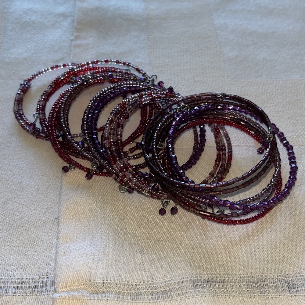 Elegant Vintage Purple and Red Beaded Bracelets. Set of 18